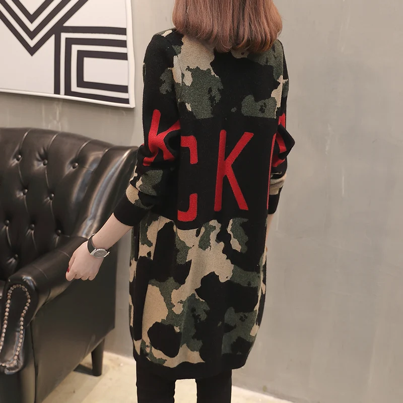 Камуфляжный вязаный женский кардиган осень 2019 модное повседневное Свободное
