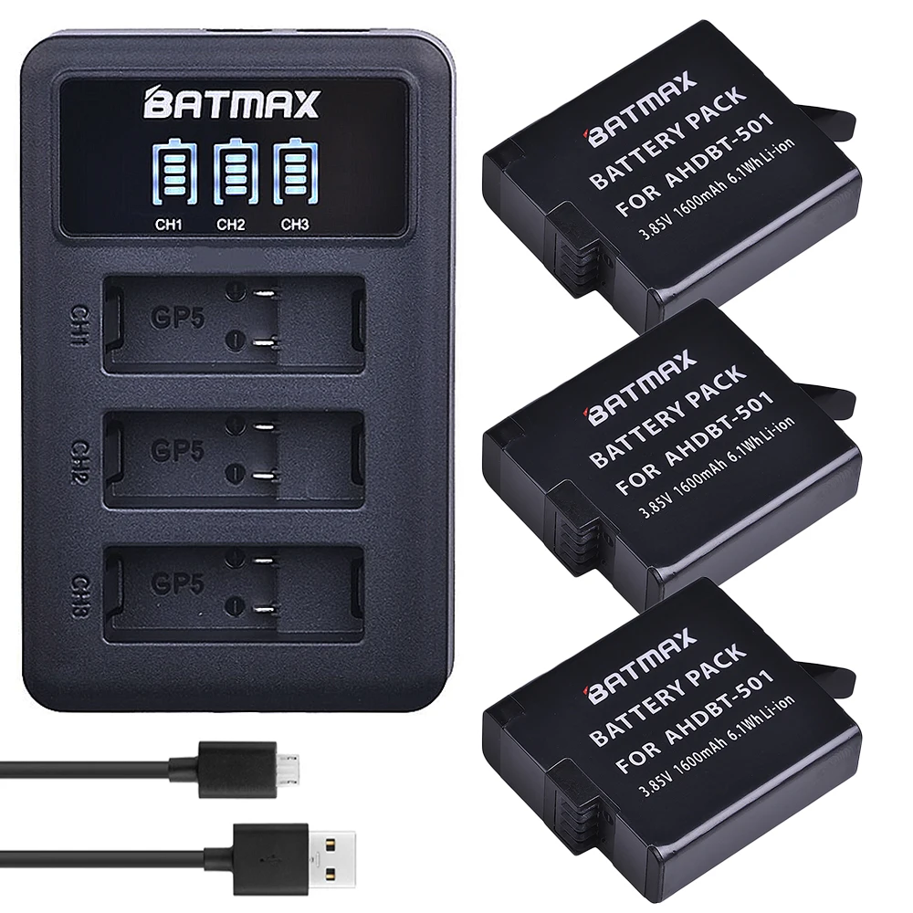 Batmax 3PCS AHDBT-501 Battery + LED Display 3-Channel USB Charger with Type-C Port for GoPro5 Hero5 GoPro6 Hero6 Action Cameras |