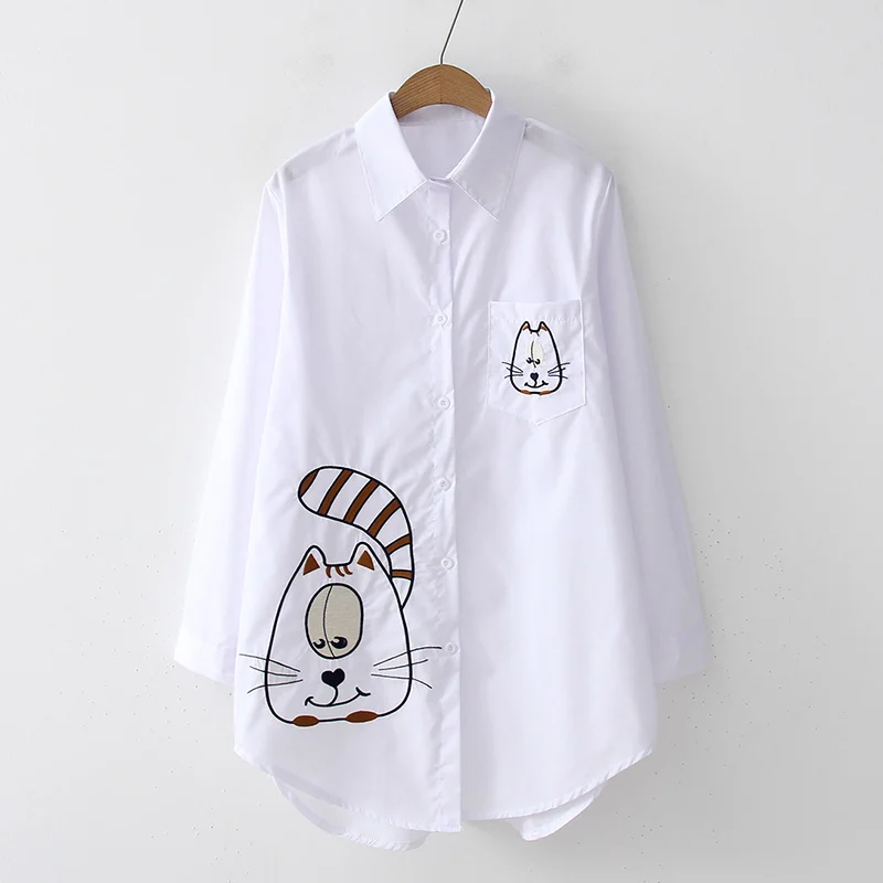 Летняя Женская Длинная блузка с вышивкой из мультфильма 2020 хлопок кошка