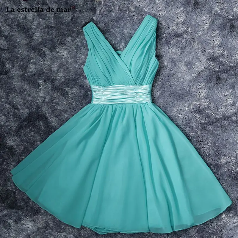 Vestido madrinha Новое шифоновое сексуальное ТРАПЕЦИЕВИДНОЕ ПЛАТЬЕ С v-образным вырезом цвета шампанского, бирюзового, Королевского синего, фиолетовое платье для невесты короткое недорогое свадебное платье