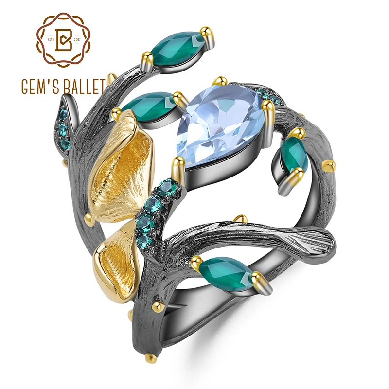 GEM'S BALLET 2.29Ct кольцо с натуральным небесно-голубым топазом, 925 пробы, серебро,, ручная работа, Бабочка, ветка, весенние кольца для женщин