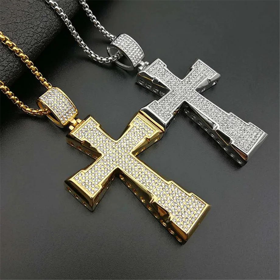 

Hip Hop Stainless Steel Gold Color Big Cross Pendant Necklace Religious Iced Out Rhinestone Crucfix Necklace Jewely For Men