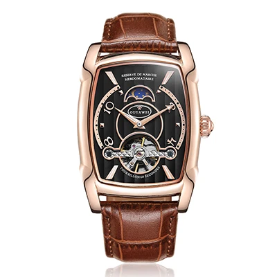 Rose Black OUYAWEI, мужские часы, автоматические механические часы, Роскошные, розовое золото, наручные часы, кожа, Ретро стиль, повседневные, деловые, Relojes Hombre - Цвет: Rose Black