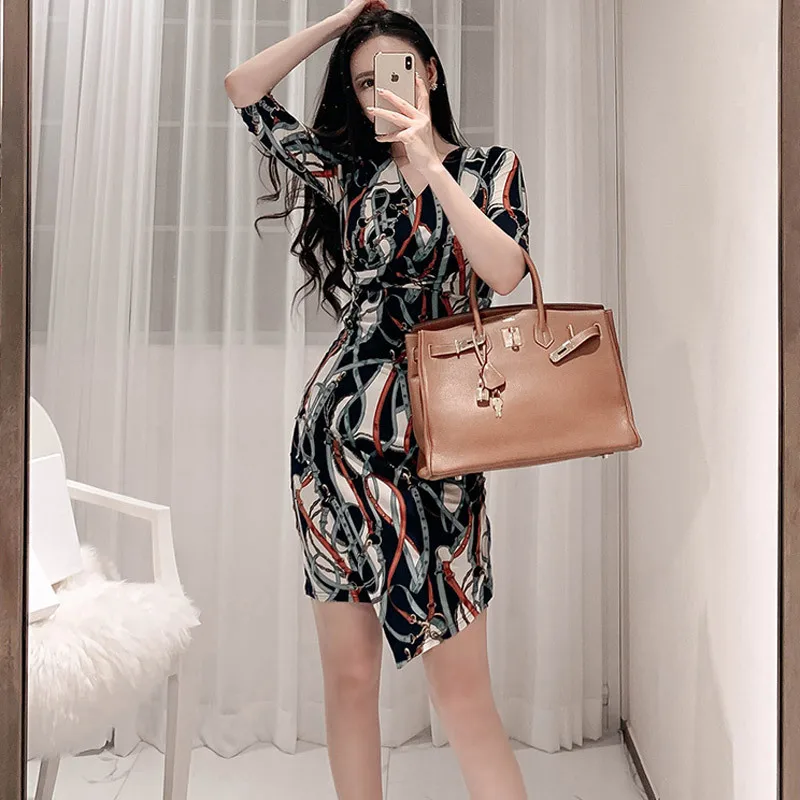 

Plus Size 2019 Summer Dress Asymmetrical Print Streetwear Ladies Dress Corset Korean Wrap Dress Women Half Sleeve Vetement Femme