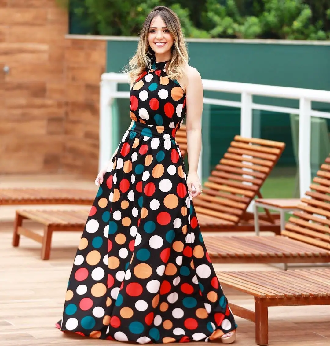 Женское офисное платье в горошек Макси без рукавов с круглым вырезом стиле бохо