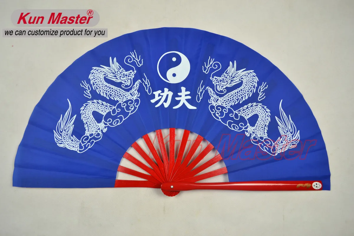 

Bamboo Kung Fu Fighting Fan, Martial Arts Practice Performance Fan,Wu Shu Fan, Double Dragon red bone Blue fan