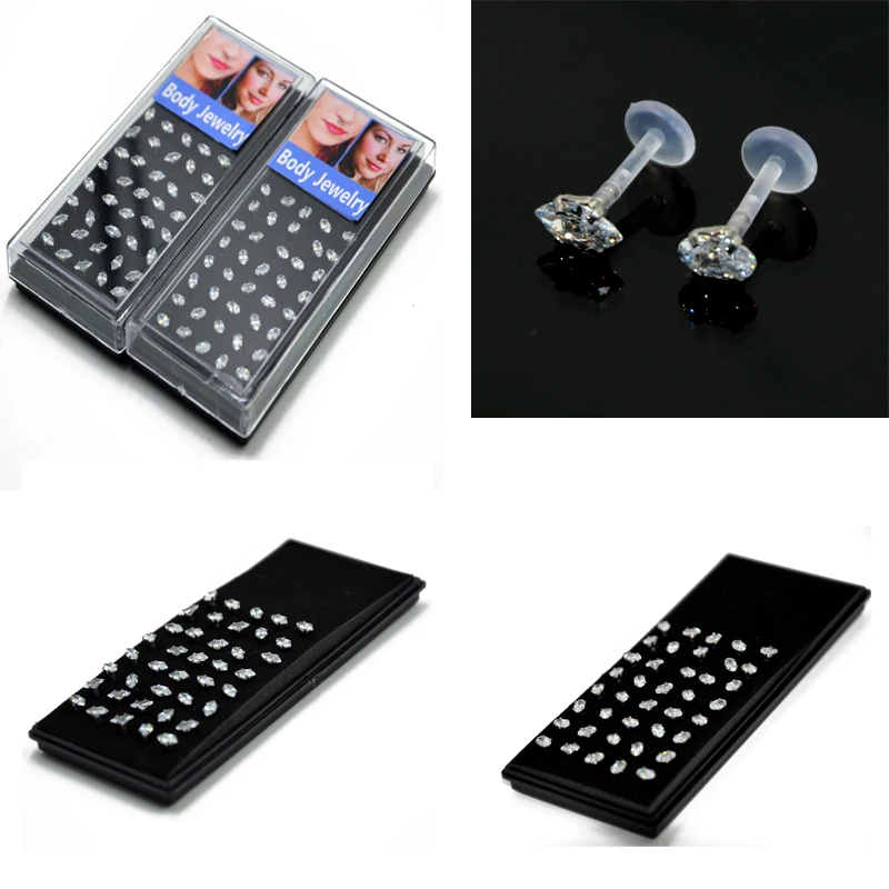 Серьги-гвоздики pupolar, из гибкого биопласта ПТФЭ, ушной хрящ, с конским/эллипсовым цирконом, 1 партия, 40 шт.