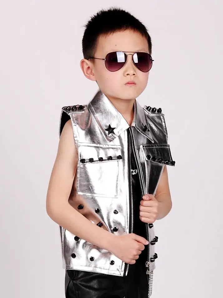 Блестящая куртка для мальчиков в стиле хип-хоп Прошитый кожаный жилет с