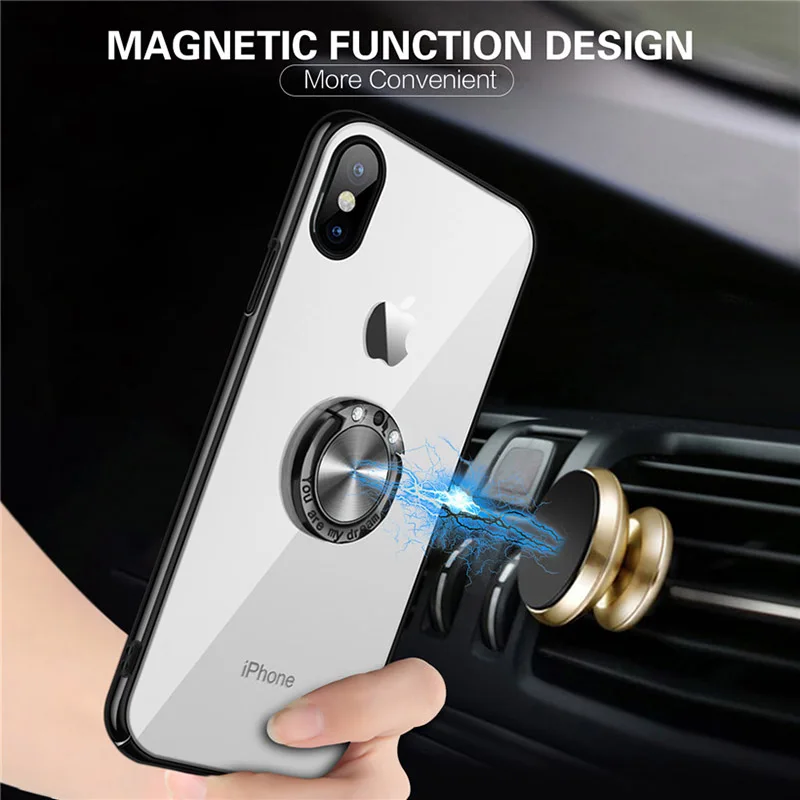 Shockproof For iPhone X XS Max XR 6 7 8 6s Plus Case Slim Plating Clear Transparent Hard PC Cover 360 Magnetic Ring Holder Stand |