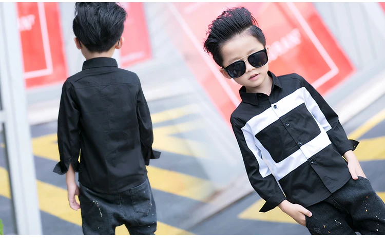 VearDoller Casual Children's Tops Summer Autumn Long Sleeve Cotton Kids Shirts Black White Patchwork Boys Shirts 2-8Years