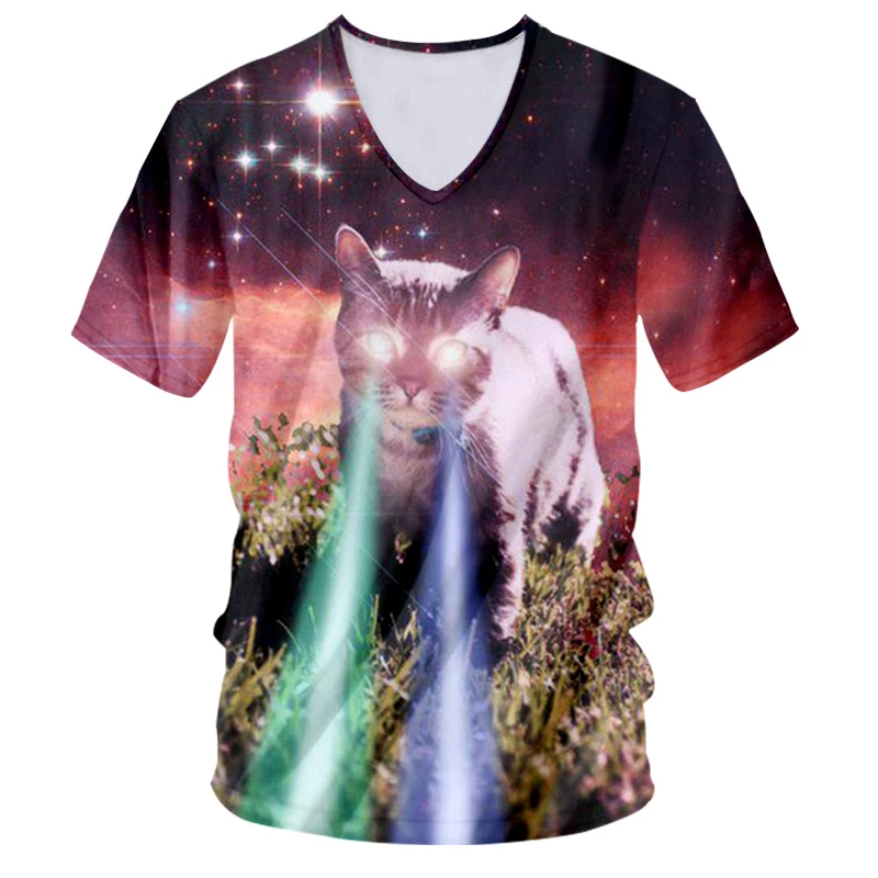 OGKB New Arrival Men's V Neck Tshirt Funny Print Galaxy Space 3D T-shirts Cat Flash Light T Shirts Man Hiphop Streetwear | Мужская