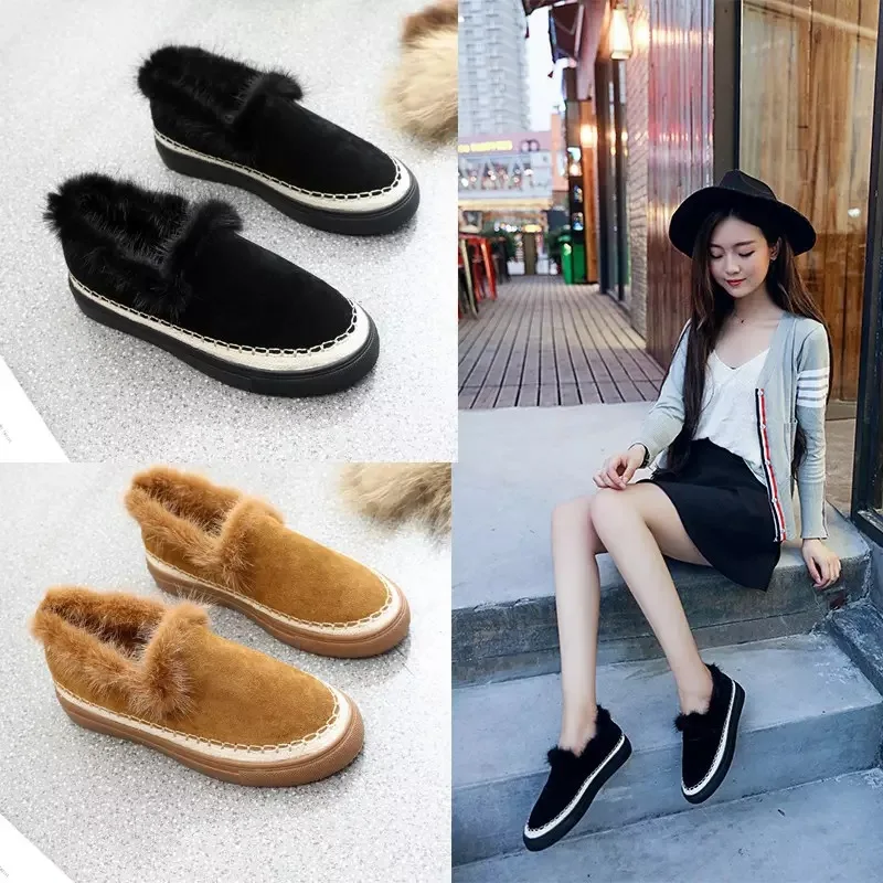 Зимние меховые лоферы на плоской подошве женская обувь платформе сезон