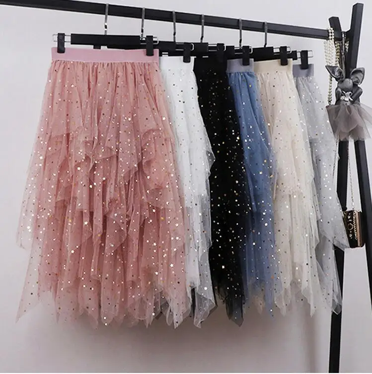 

Qooth New Spring Summer Female Sequined Stars Lace Skirts Women's Solid color Elastic Waist Irregular Mesh Pleated Skirt QH1710