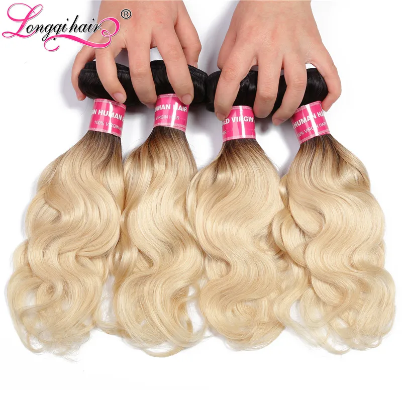 Longqi hair T1B/613 Блондин тело волна с темные корни бразильские волосы 4 Комплект