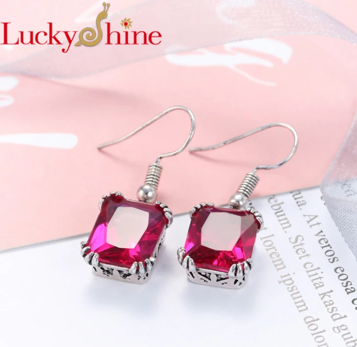 

Luckyshine New Classic Vintage Jewelry Square Fire Red Quartz Gem Dangle Earrings High Quality For Party Wedding Holiday