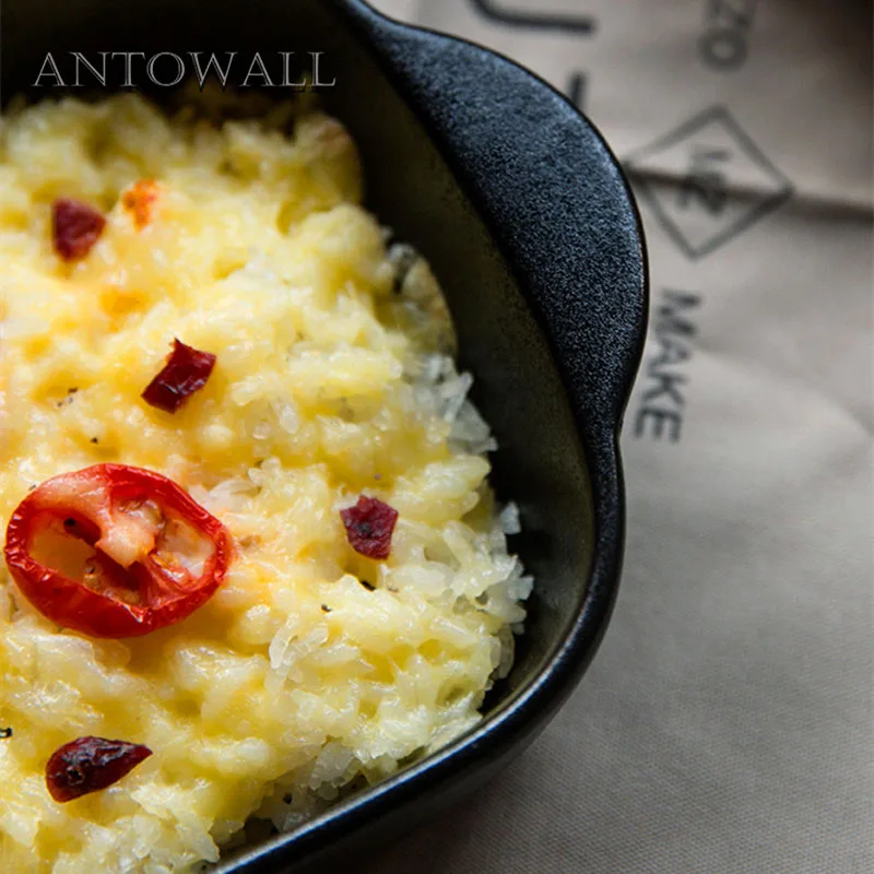 

ANTOWALL Black matte ceramic binaural tray household tableware breakfast plate steak dish baking bowl baking pan for oven