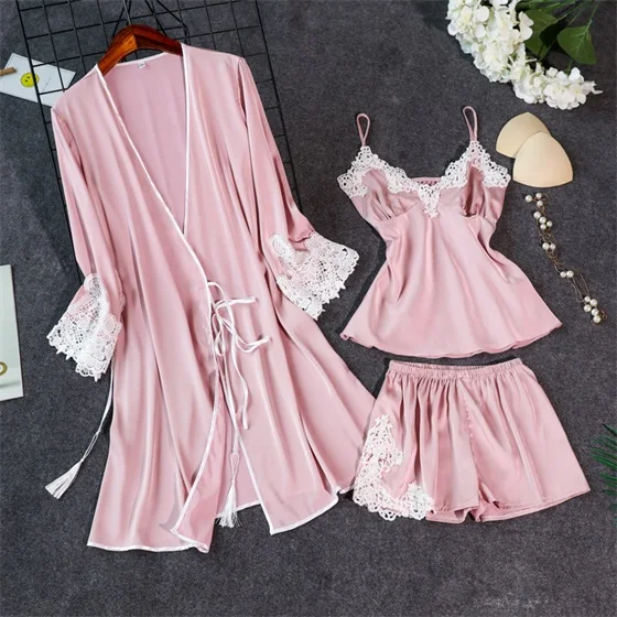 pink B Женский сексуальный Шелковый Атласный халат, пижамный комплект, кружевной Халат+ топ+ шорты, комплект из 3 предметов, летняя весенняя одежда для сна, комплект ночного белья для женщин - Цвет: pink B