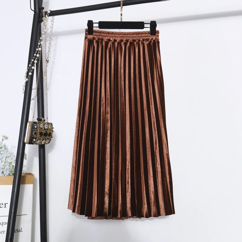 Caramel color PEONFLY 13 стильные юбки из искусственной кожи женские осенние зимние элегантные длинные плиссированные юбки женские юбки из искусственной кожи с высокой талией женские - Цвет: Caramel color