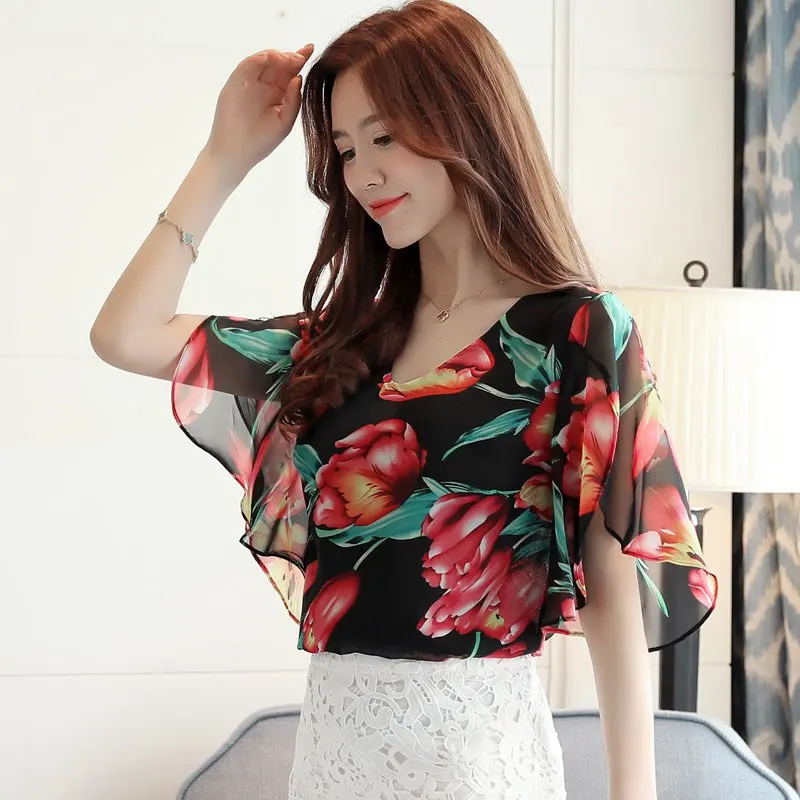 

Women Chiffon Blouses Summer Color Striped Print Tops Elegant Petal Sleeve Shirts Plus Size Floral Blusas Femme