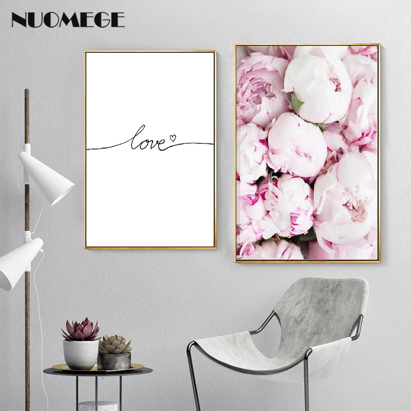 Розовый фон с принтом пионов для художественного оформления стен Love постер