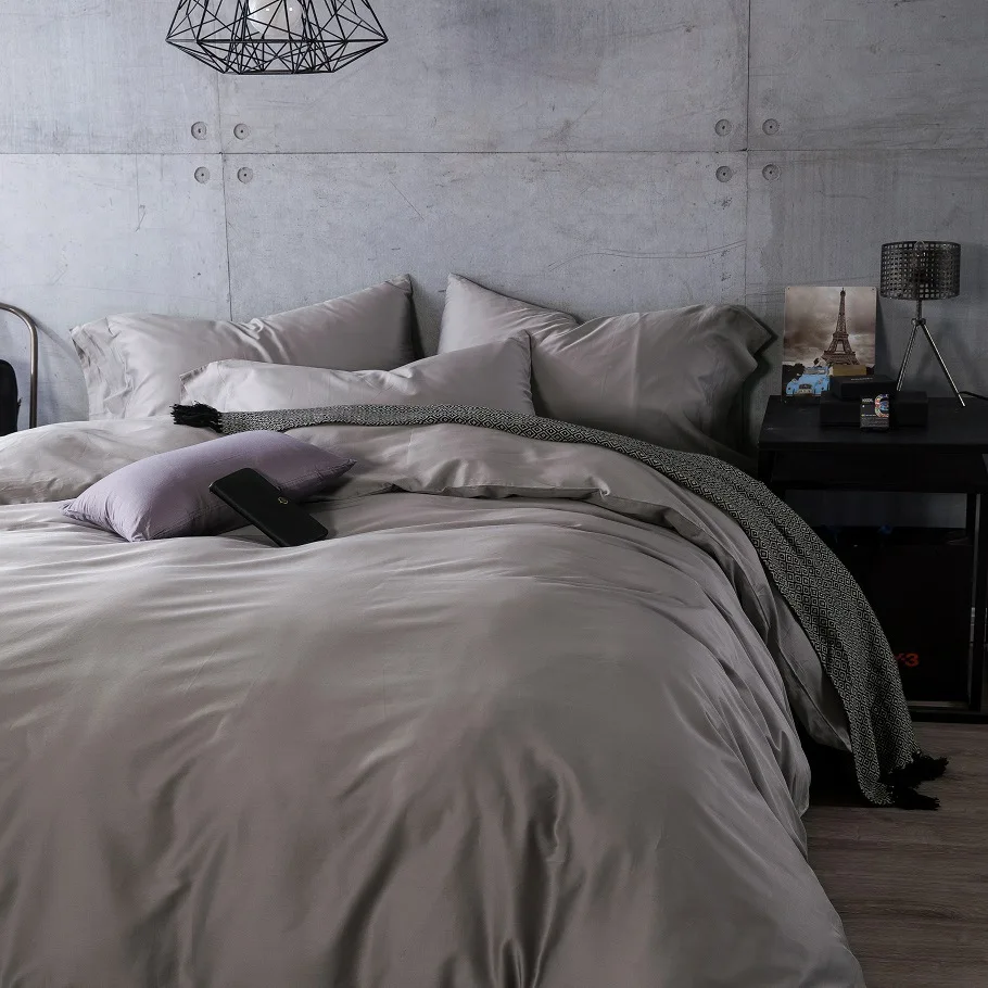 

CHAUSUB Silky Satin Cotton Bedding Set 4pcs King Queen Size Solid Gray Duvet Cover Soft Bed Cover Sheets Pillowcase