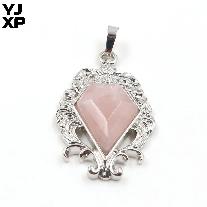 YJXP Arrowhead Pendant Silver Plated Amethysts Rose Pink Quartz Pentagonal Natural Crystal Stone Fashion Charms Jewelry 1 Pcs | Украшения и