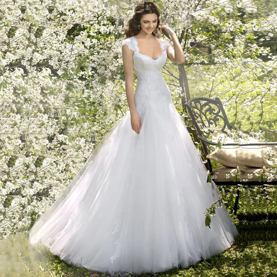 

Женское свадебное платье с юбкой-годе, белое платье невесты с рукавами-крылышками, аппликацией и открытой спиной, 2019