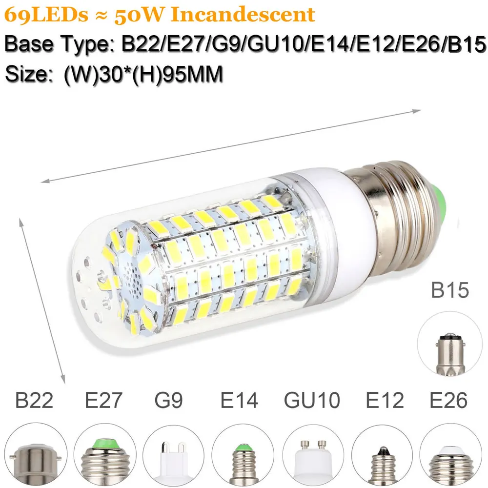 69LEDs Мини светодиодная лампа «Кукуруза» E27 E14 B22 штык SMD 5730 чип 24/36/48/56/69/72 светодиоды 220V Светодиодный светильник 360 Угол луча мы осуществляем прямую светильник - Испускаемый цвет: 69LEDs