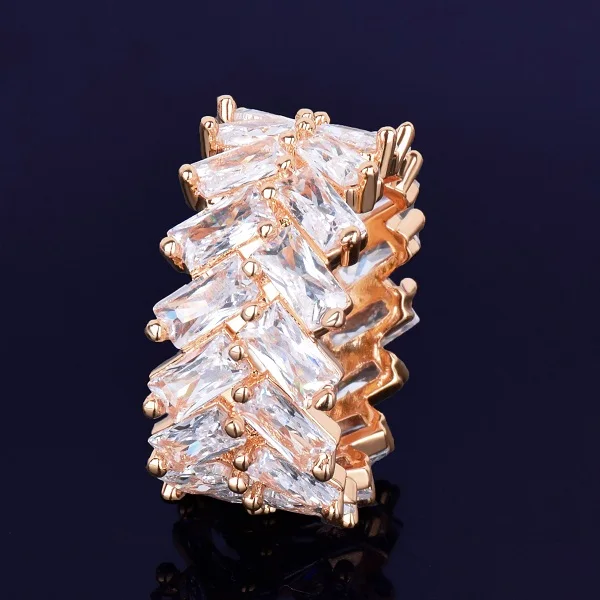 2 Row Baguette Zircon Men's Ring 18 K Copper Charm Gold Silver Color Iced RING Fashion Hip Hop Rock Jewelry - Цвет основного камня: rose gold
