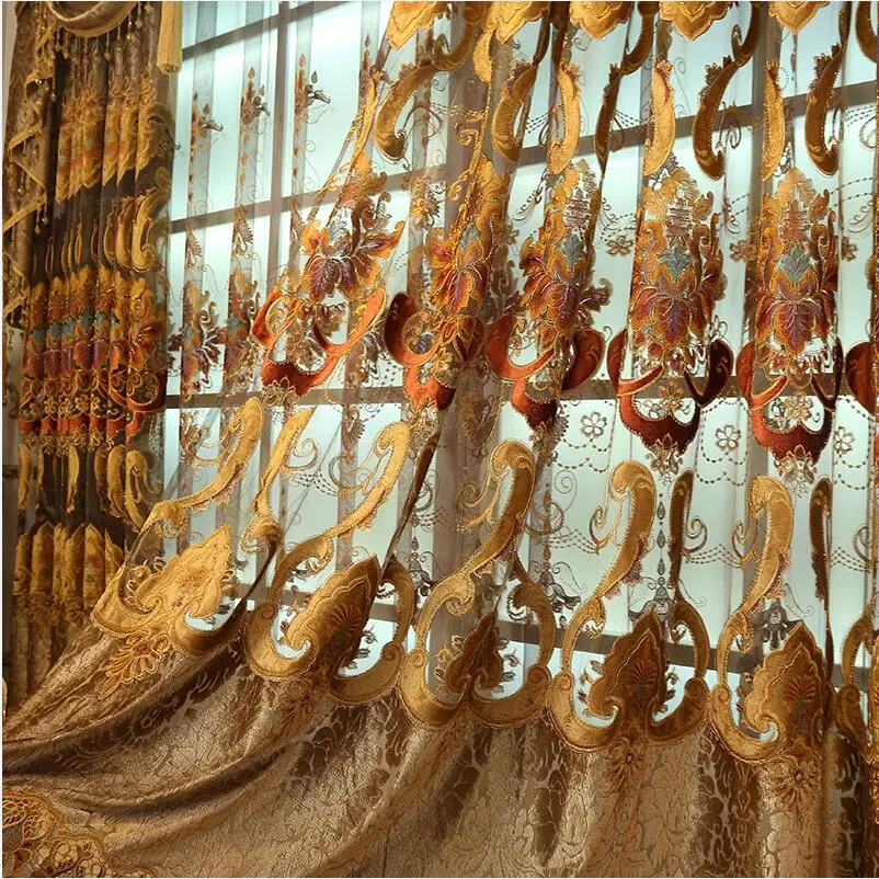 Curtain Золотистые Роскошные затемненные шторы для гостиной с цветочной вышивкой, занавески для спальни, оконные шторы, тканевые шторы тюлевые балдахин - Цвет: Curtain