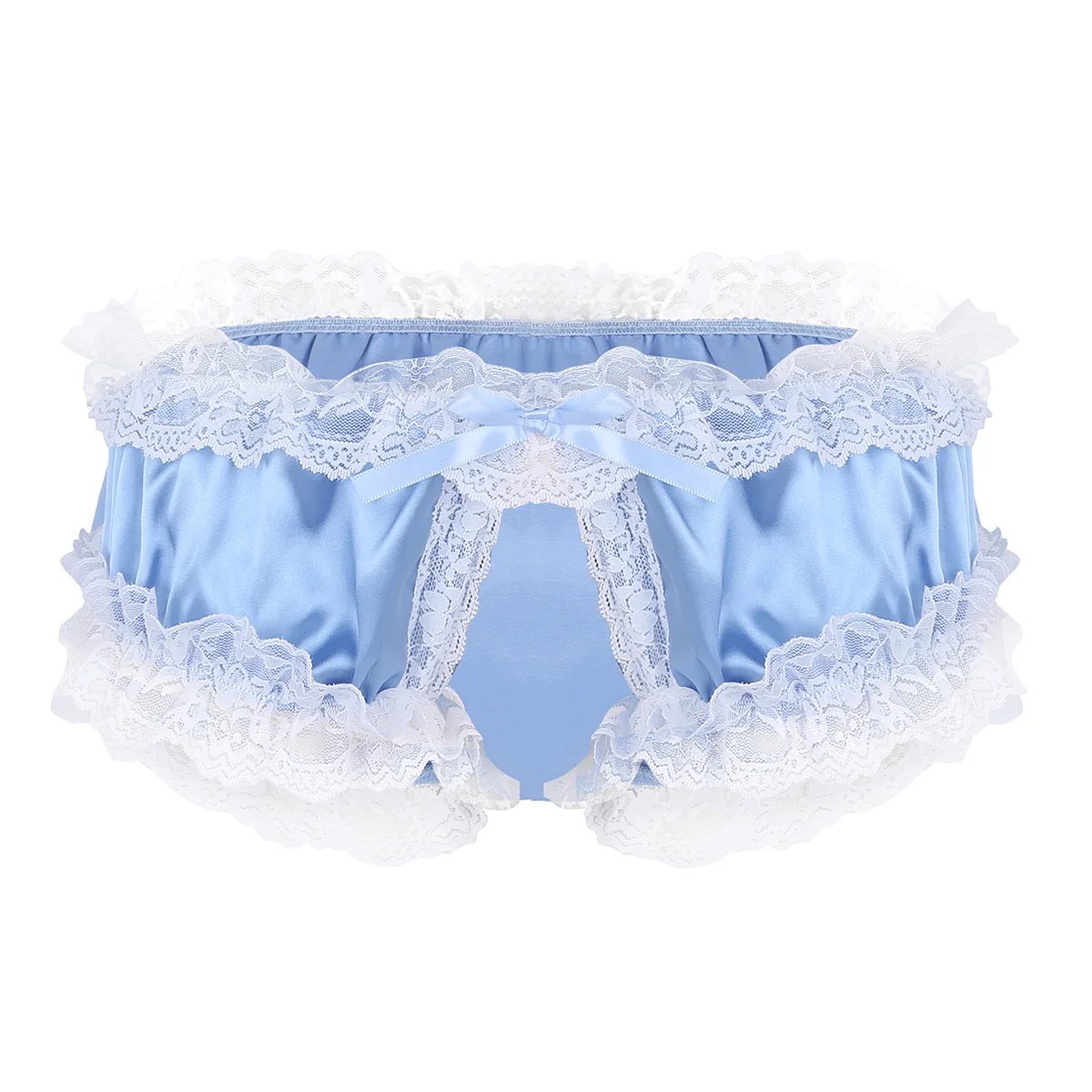 TiaoBug, мужские блестящие атласные мягкие кружевные трусики с оборками и открытой промежностью, нижнее белье, трусы с вырезами, мужское сексуальное нижнее белье для геев