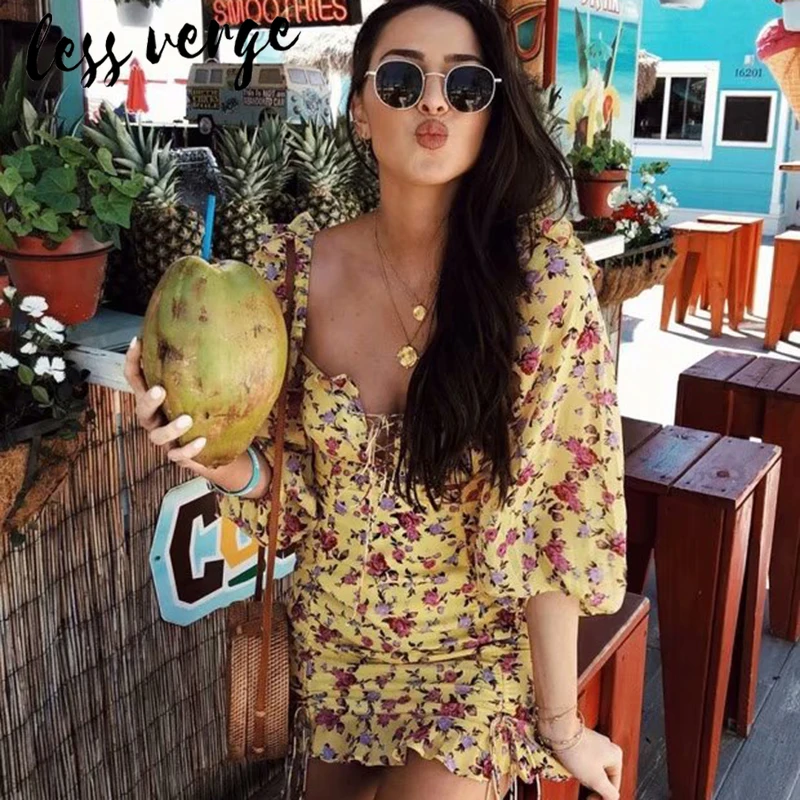 Lessverge кружевное гофрированное желтое Цветочное платье на шнуровке