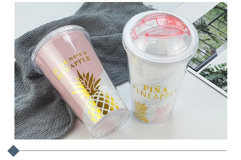 Creative Mugs Plastic Water Bottle Pink Pineapple Pattern Straw Travel Pop Up Portable Tea Milk Cup Drinkware Gifts 420ML