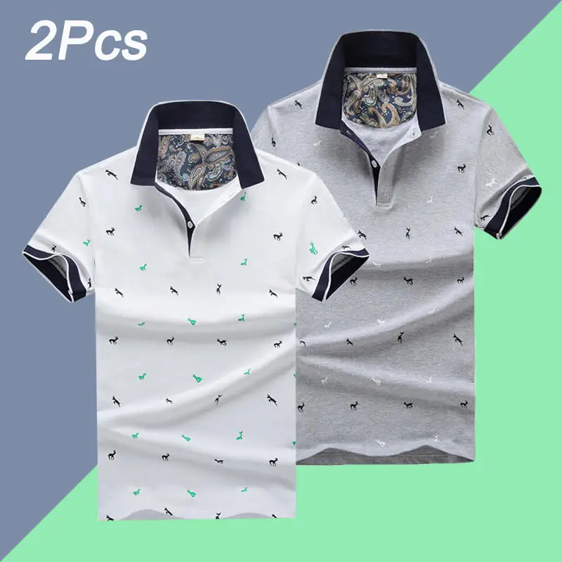 2PC-White-Grey-1613 3 шт./лот, мужская рубашка Поло, хлопок, в горошек, 4XL, с принтом оленя, летняя, короткая, тонкая, мужская, s, топ, футболки, модная, Muls, брендовая одежда - Цвет: 2PC-White-Grey-1613