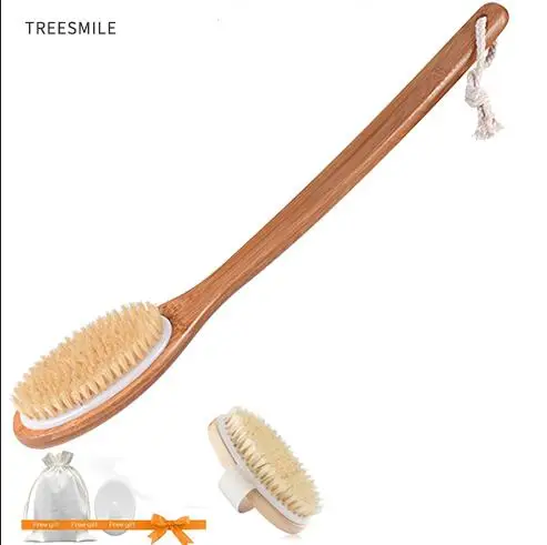 TREESMILE отшелушивающая деревянная массаж тела душ щетка натуральная щетка для ванны из натуральной щетины SPA женщина мужчина уход за кожей сухая щетка для тела D40 - Цвет: style 4 46CM