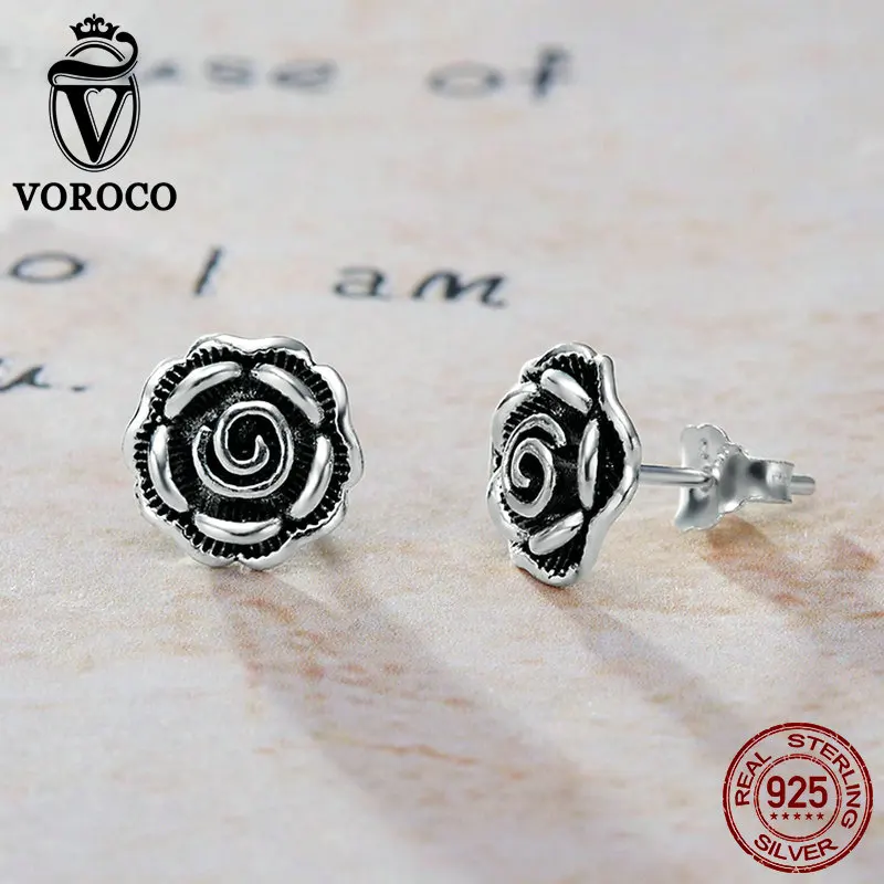 VOROCO, 925 пробы, серебряные серьги, Винтажные серьги-гвоздики в виде цветка розы для женщин, трендовые Свадебные Роскошные ювелирные изделия, подарок VSE024