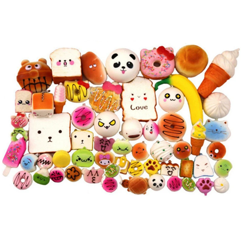 20/30/40Pcs Small Cute Decoration Random Squishy Soft Panda/Bread/Cake Key Ring Anti-Stress Squish Slow Rising Squeeze Toys images - 6