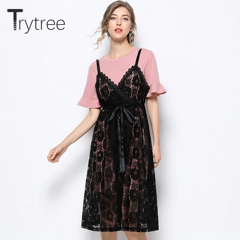 Trytree/летний женский костюм из двух предметов, Повседневный, одноцветное с расклешенными рукавами, Длинный топ+ платья на бретельках, кружевные ленты, ремень, костюм, комплект из 2 предметов