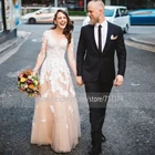 Кружевное платье цвета шампанского, с глубоким декольте, длинным рукавом, с аппликацией, свадебное платье для невесты