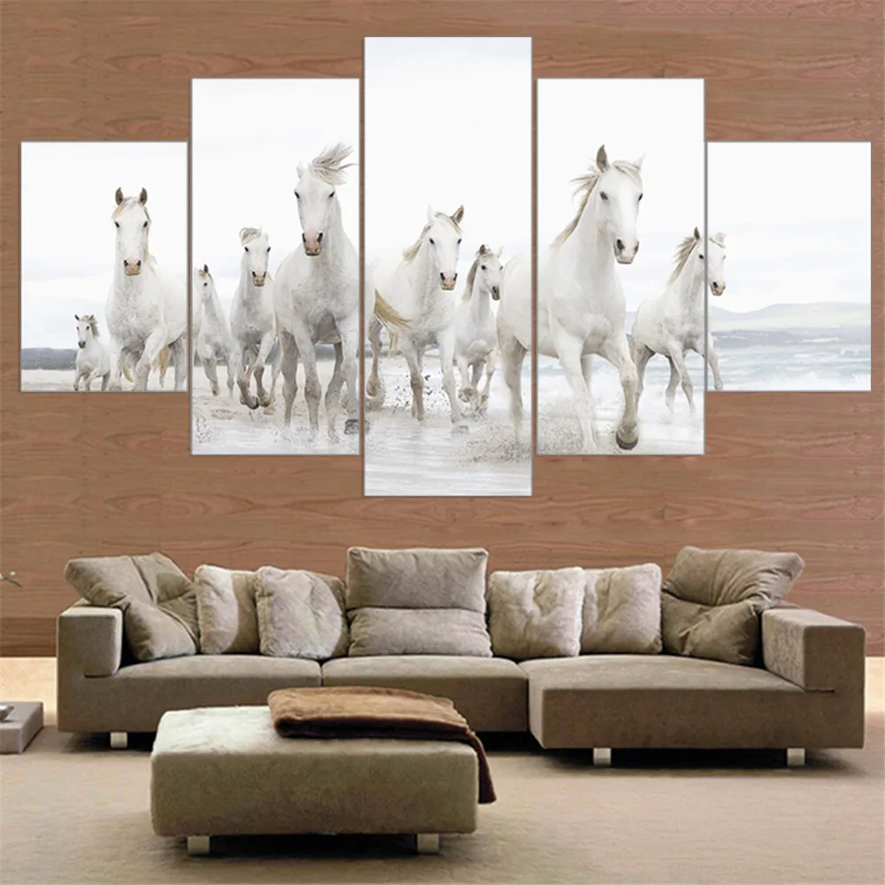 HD печать 5 шт./компл. Белая лошадь бег картина холст искусство Декор Гостиная