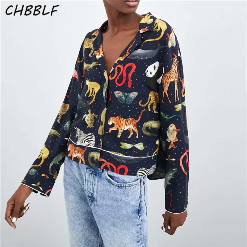 CHBBLF women chic animal pattern print blouse long sleeve notched collar female casual shirts retro tops blusa C9632 |