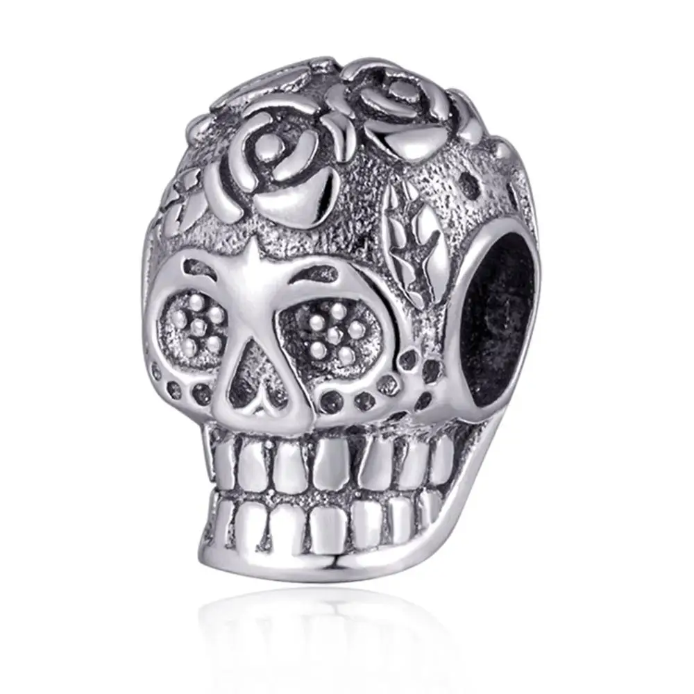 Sugar Skull Charm Choruslove страшный череп Шарм подлинный 925 Серебряный Скелет Бусины fit Pandora Подвески Хэллоуин ювелирный браслет сделай сам - Цвет: Sugar Skull Charm