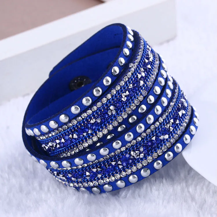 Blue 1 шт./лот Новое поступление Модные украшения цветными камнями 6 Слои браслет с амулетами со стразами и браслет кожаный браслет для Women1666 - Окраска металла: Blue