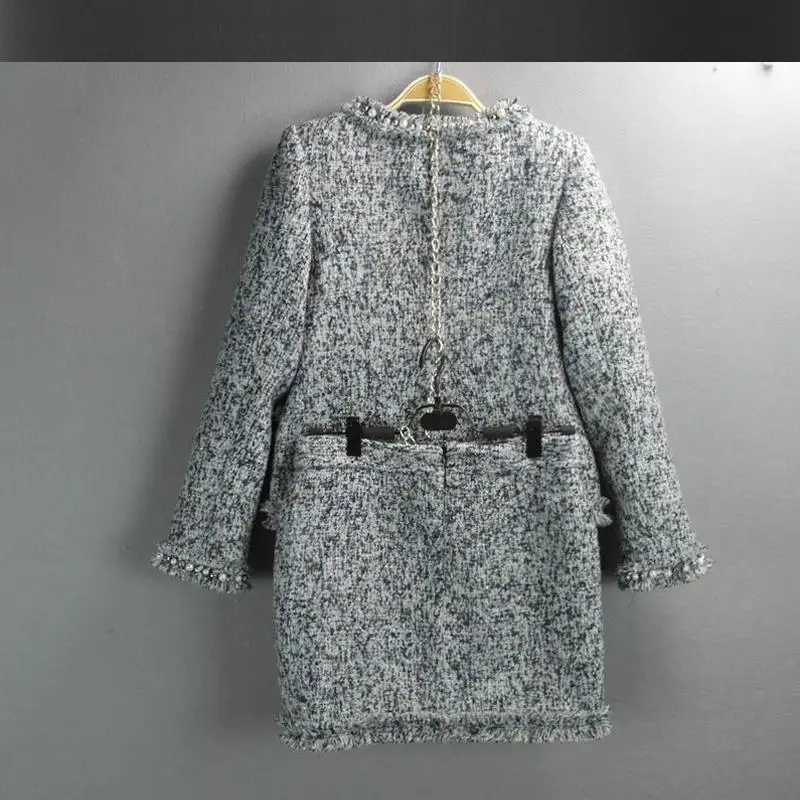 gray tweed jacket+ skirt suits hand-beaded Spring /Fall / Winter new ladies coats 2-piece skirt suit Women's Jackets