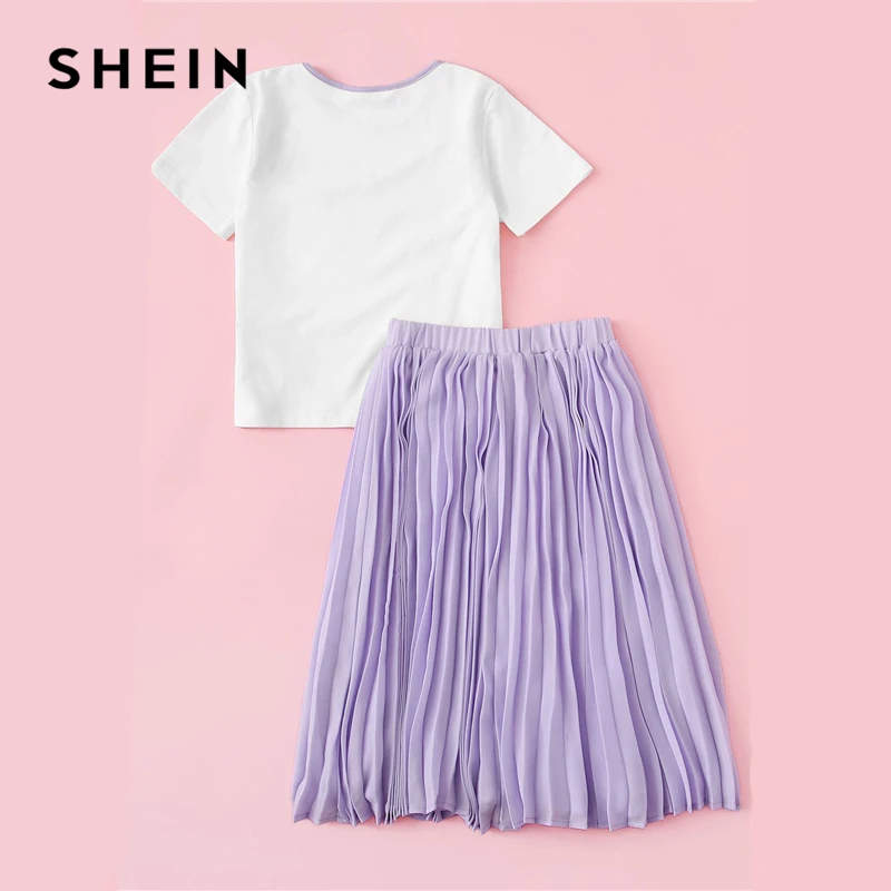 SHEIN/Детская футболка с нашивками и плиссированная юбка с эластичной резинкой на талии Одежда для девочек-подростков комплект из двух предметов г. Летняя повседневная детская одежда