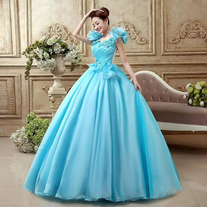 Женское платье принцессы для выступления синее бальное с цветами сцены и