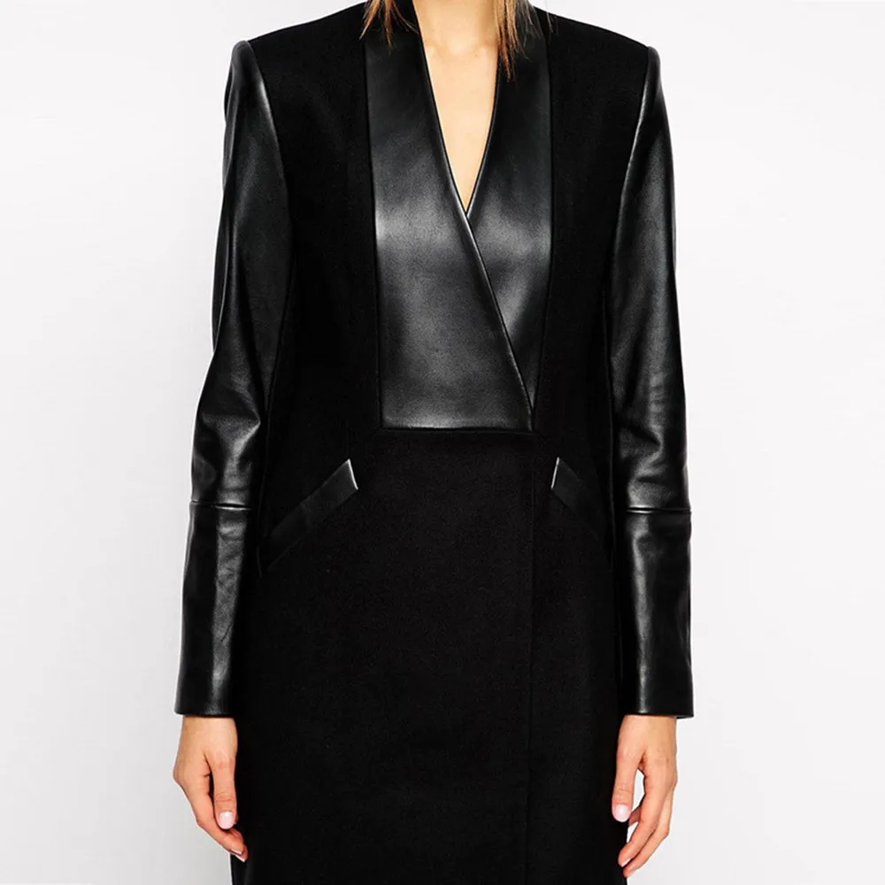 Черные кожаные пальто 2018 Для женщин Лоскутная Нерегулярные Кардиган с длинным PU