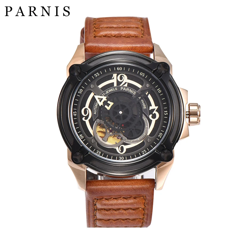 Модные мужские часы Parnis 44 мм 21 Jewels автоматический механический черный циферблат золотой чехол сапфировый