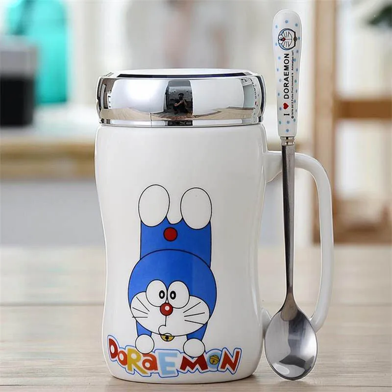 450ml Doraemon Ceramic Coffee Mugs with Mirror Lid and Spoon Cute Totoro Tea Cup Milk Mug for Women Girls Student Teen - Цвет: Doraemon-C