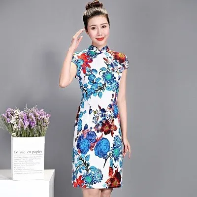 blue flowers Sheng Coco женское китайское платье Ципао льняное стрейч Чонсам короткое эластичное элегантное платье в китайском стиле 5XL 4XL традиционное платье цвета C281 - Цвет: blue flowers
